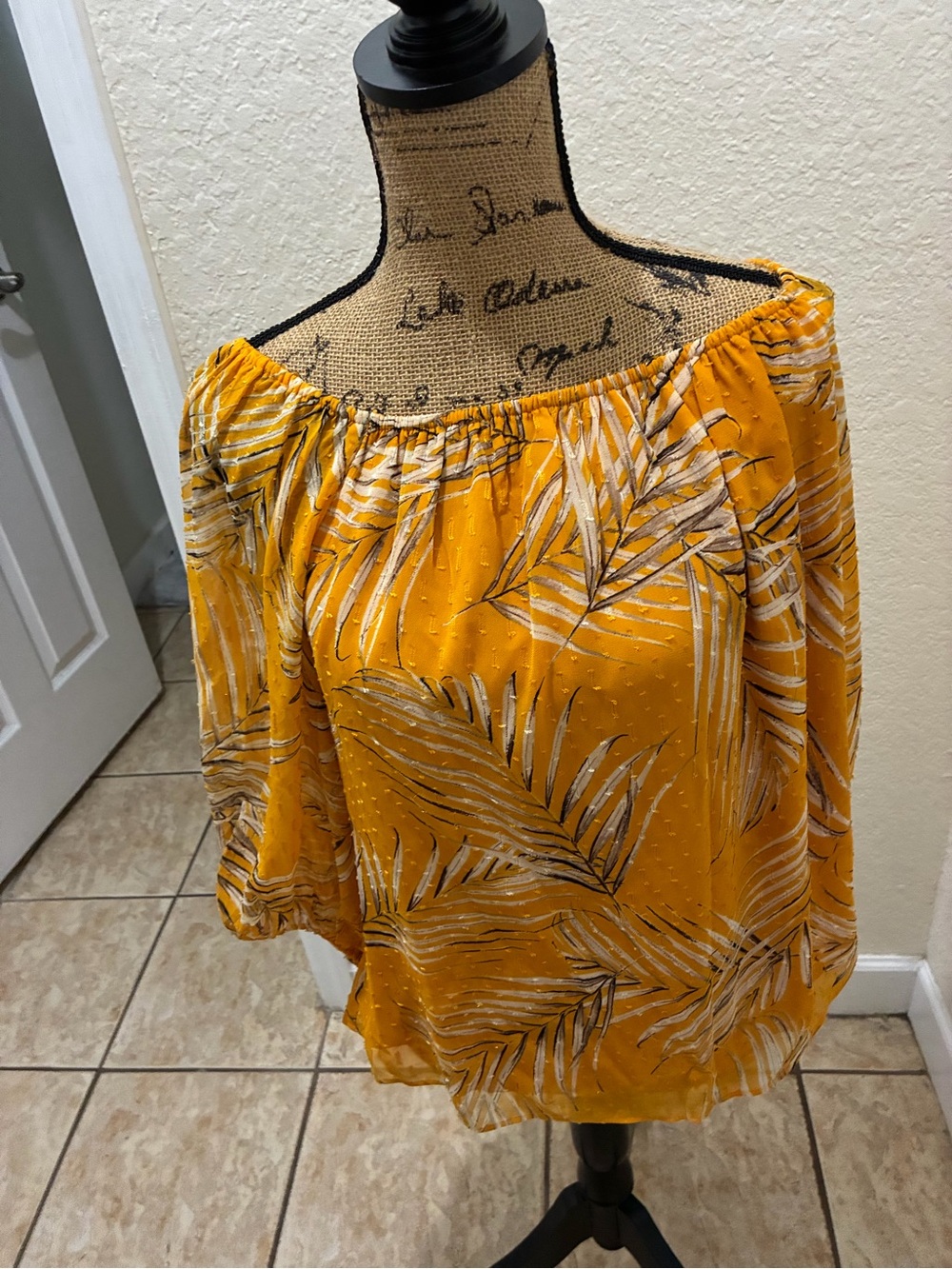 White House Black Market Yellow Palm-Print Off-Shoulder Blouse